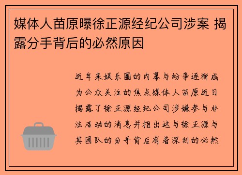 媒体人苗原曝徐正源经纪公司涉案 揭露分手背后的必然原因