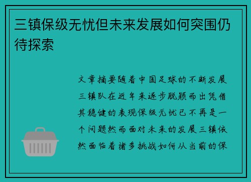 三镇保级无忧但未来发展如何突围仍待探索